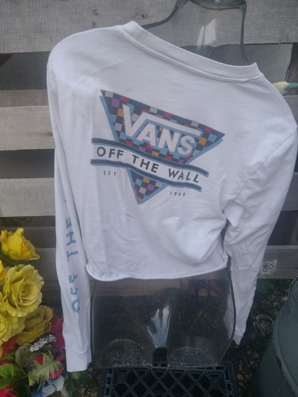 Vans White Long Sleeve Cropped Tee with Multicolor Check Logo